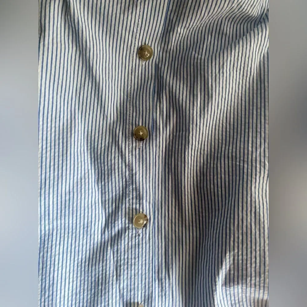 J Crew  Button Front Dress Sz 12  Seersucker Stripe White/Blue Sleeveless NWT